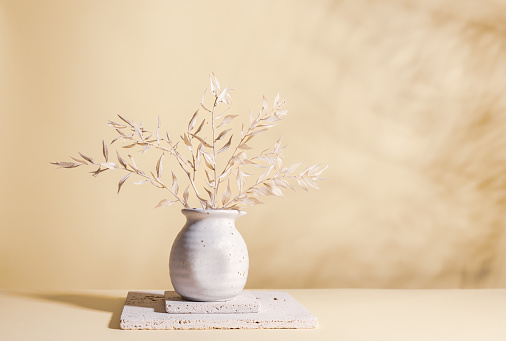 Still life with white dried branches with leaves in light ceramic vase on stone blocks on pastel background. Home decoration with dried flowers.