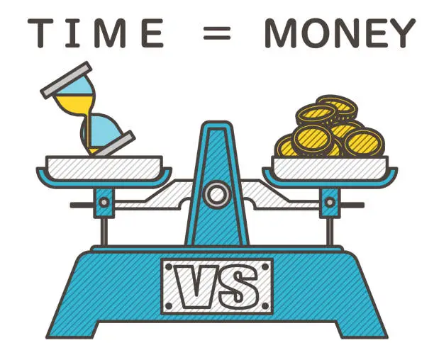 Vector illustration of Vector illustration representing Time is Money. Hourglass and money balanced on a scale.