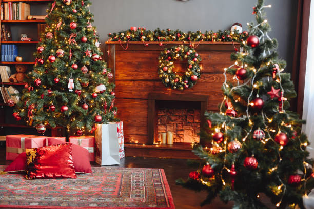 istock Christmas Red Interior. Hall is Decorated with New Year's Decor. Christmas Tree and Fireplace 1411612747