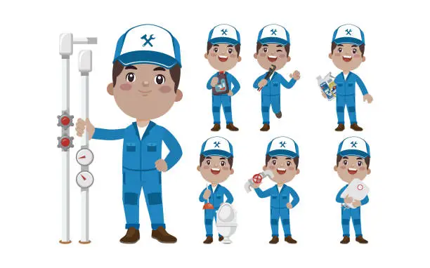 Vector illustration of Set of plumber with different poses
