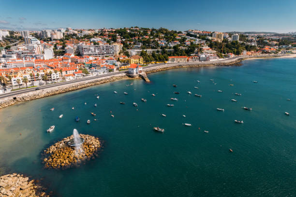 Aerial View of Praia Velha which means Old Beach at Paco de Arcos bay in Oerias, Lisbon Region, Portugal stock photo