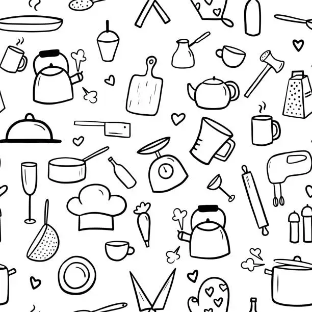 Vector illustration of Seamless pattern with kitchen tools doodles. Cooking icon collection isolated on white background. Vector monochrome illustration for restaurant menu, recipe book and wallpaper.