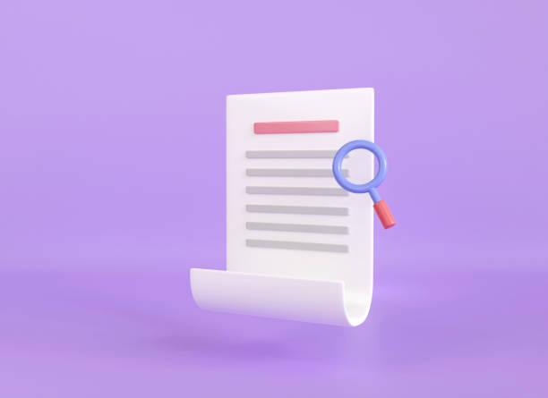 3d render search document icon paper. 3d render search document icon paper. isolated on purple background. worksheet project plan in office. Assignment and review. 3d rendering illustration minimal style. clipboard task symbol. 3 d glasses stock illustrations