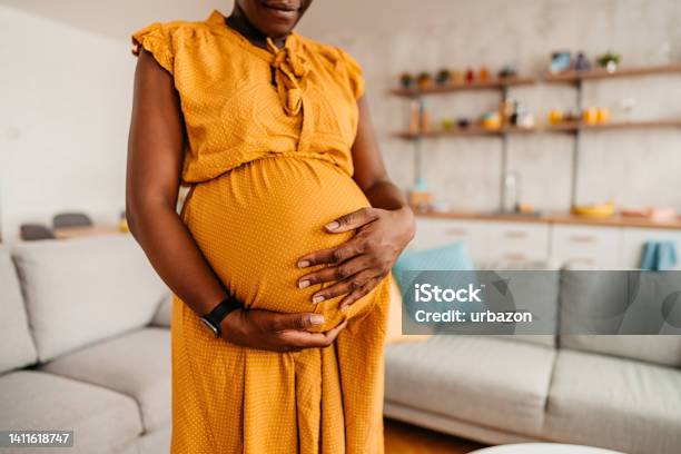 Black Woman Enjoying Pregnancy At Home Stock Photo - Download Image Now - Pregnant, Black People, Childbirth