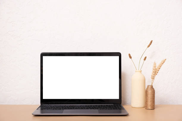 istock Laptop computer with blank screen, dried grass bouquet and vases. Aesthetic influencer boho styled interior design template with mockup laptop, copy space 1411623169
