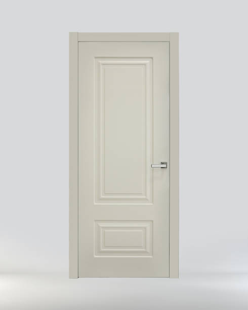 istock White classic interior door with rectangles on a gray background. Front view. Ral 9010 1411623753