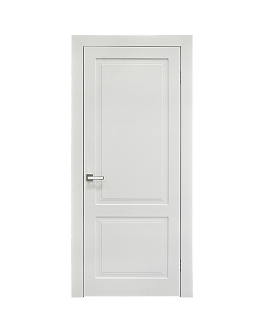 White classic interior door with rectangles on a white background. Front view. Ral 9010. Beautiful door for the house