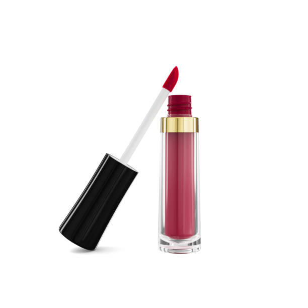 Lip gloss tube Lip cream plastic transparent 3d realistic packaging, opened with black cap isolated on white background 3d illustration
