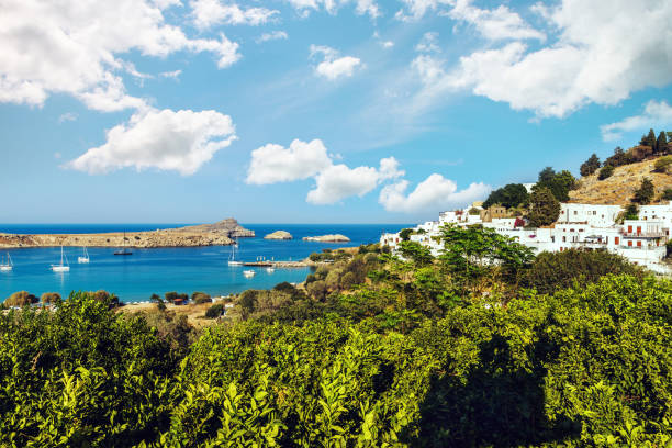 Beautiful seascape seen from Lindos, Greece. Lindos is a fishing village and a former municipality on the island of Rhodes, in the Dodecanese, Greece.