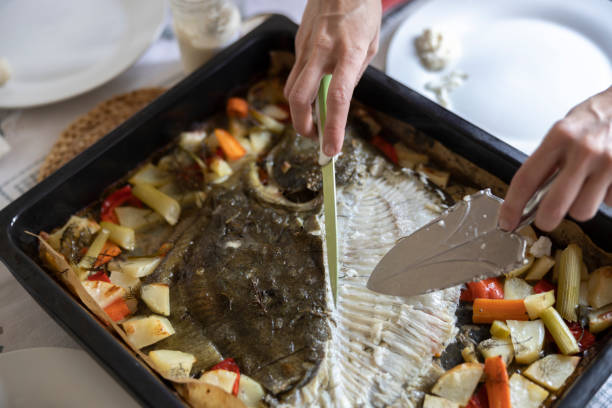 Serving Turbot Fish in a Baking Tray Close Up Serving Turbot Fish in a Baking Tray Close Up turbot stock pictures, royalty-free photos & images