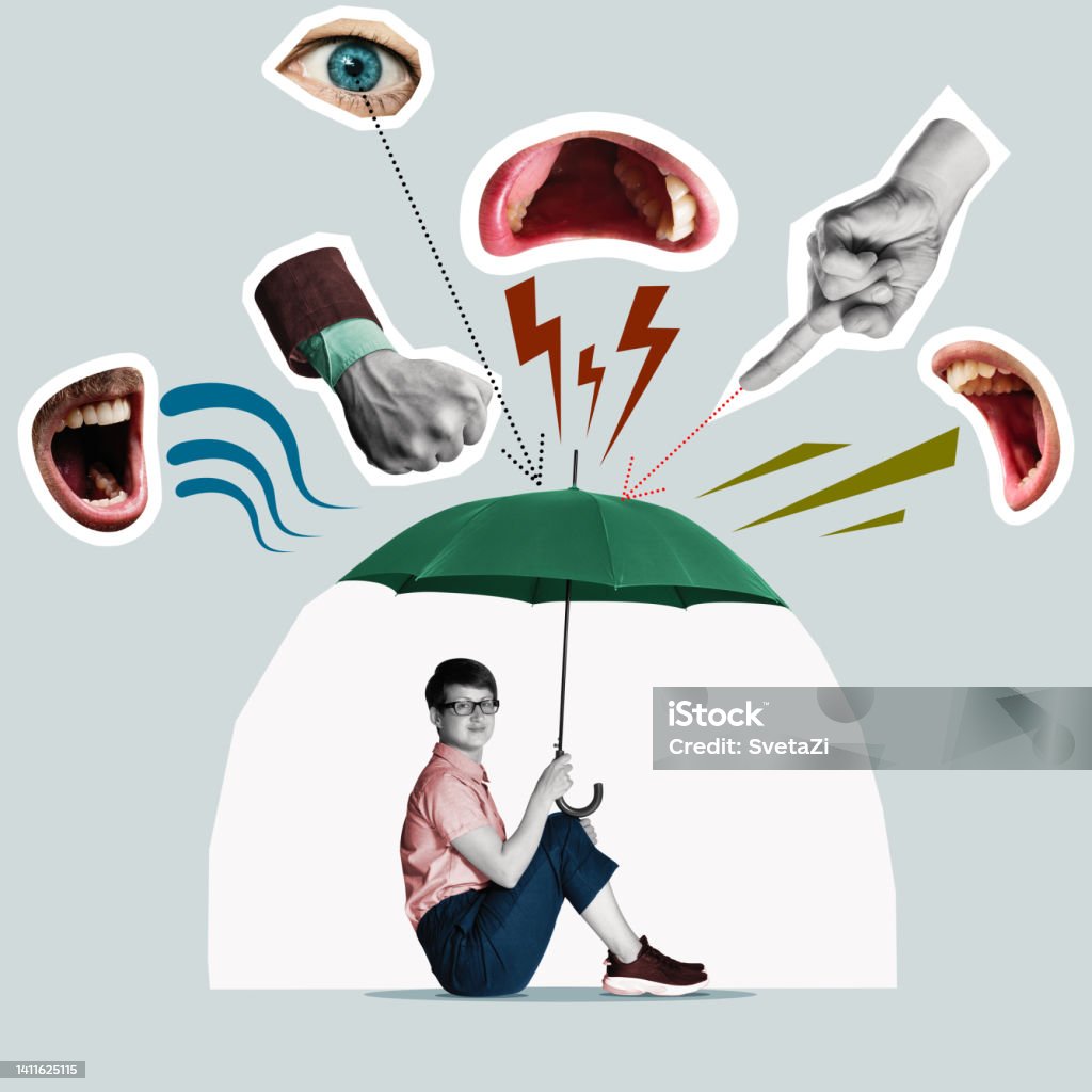 The concept of mental well-being. Psychological protection against bullying and harassment. Art collage. Mental Health Stock Photo