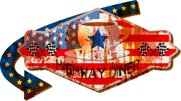 Vector illustration of Distressed american diner sign, retro style with stars and stripes,coffee cup,grungy typeface.Fictional artwork, vector illustration
