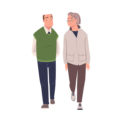 Walking Senior Man and Woman Character Strolling in the Street and Smiling Vector Illustration