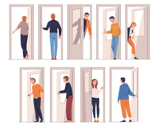 Vector illustration of People Character at the Door Opening and Closing It Entering and Leaving Home Vector Illustration Set