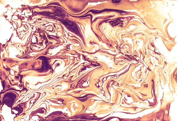 Photo of Light Dyed Gouache Painting, Purple Splash Fabric . Purple Colored Hand Drawn Swirl, Acrylic Effect. Orange Gold Art, Liquid Ink Classic Fashion