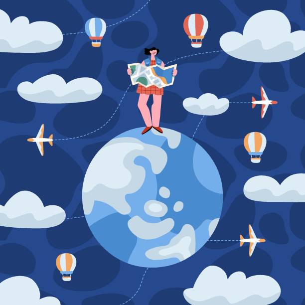 Travelling character with a map standing on the globe, sky, clouds, planes and balloons around vector art illustration