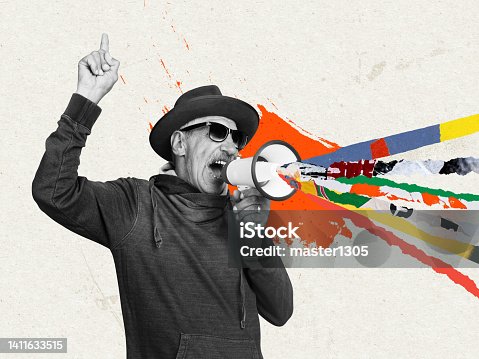 istock Excited senior man shouting at megaphone over abstract background. Collage in magazine style. Surrealism, art, creativity, fashion and retro style concept. 1411633515