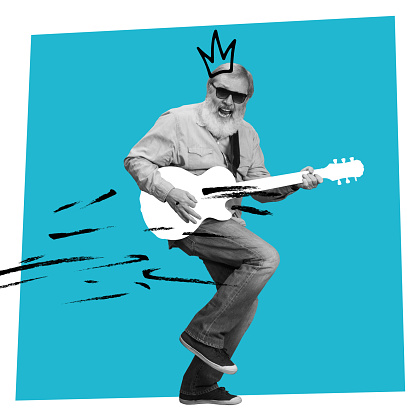 Musician. Stylish emotional senior man playing guitar over blue background. Collage in magazine style. Surrealism, art, creativity, fashion and retro style concept. Timeless music