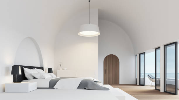 istock White bedroom luxury modern style and sea view - 3D rendering 1411634055