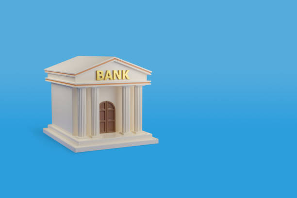 istock Bank building with isolated on blue background with copy space. 3d illustration. 1411634443