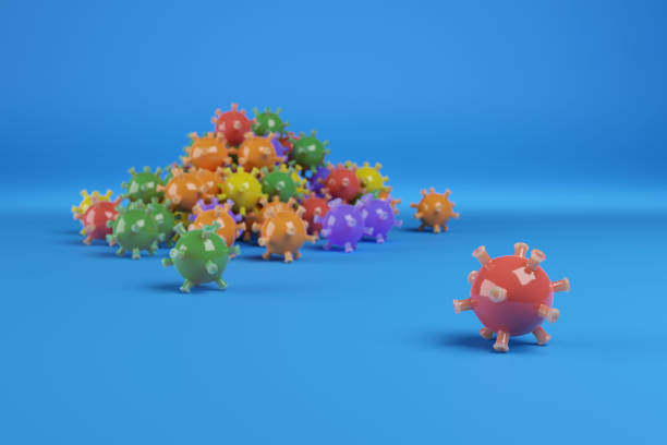 Colorful abstract virus models isolated on blue background. 3d illustration.