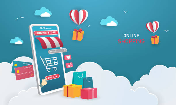 Online shopping concept 11 Online shopping store on website E-commerce or mobile phone applications and digital marketing promotion. Online store view with gift box, shopping carts and credit cards. Vector illustration. holiday shopping stock illustrations