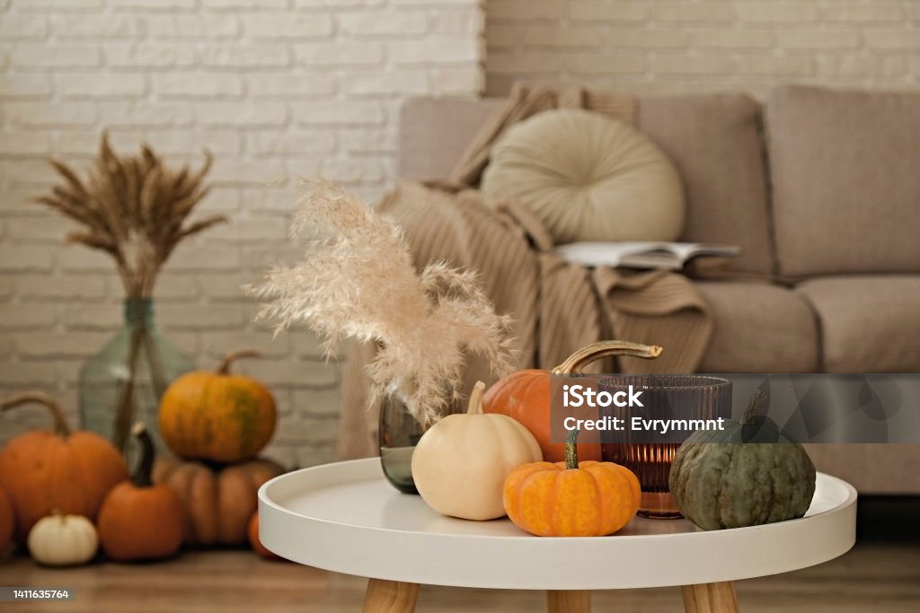 Room decorated with pumpkins and candles Bunch of pumpkins of different kinds, shapes and colors on the floor and a table near the couch of a living room. Symbol of autumnal holidays with a lot of copy space for text, close up, background. Autumn Stock Photo