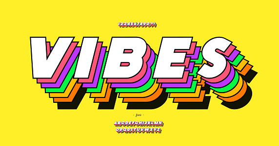 Vector vibes font 3d bold colorful style trendy typography for infographics, motion graphics, video, promotion, decoration, logotype, party poster, t shirt, book, animation, banner, game, printing. 10 eps