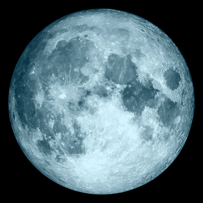 Full moon vector illustration isolated on black background. Blue realistic fantasy moon. Twenty five colors.