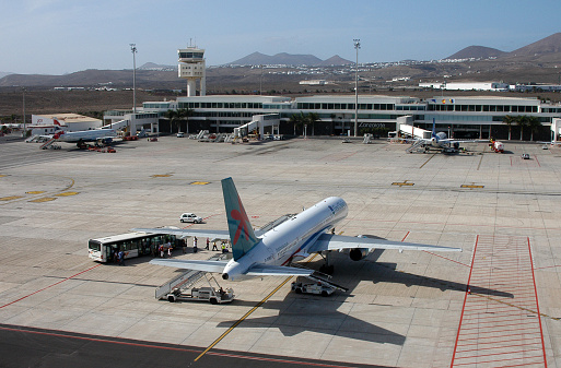 Canary islands, Spain - November 10, 2005: Aerial photo of a passenger plane parked at the Cesar Manrique international airport in Lanzarote