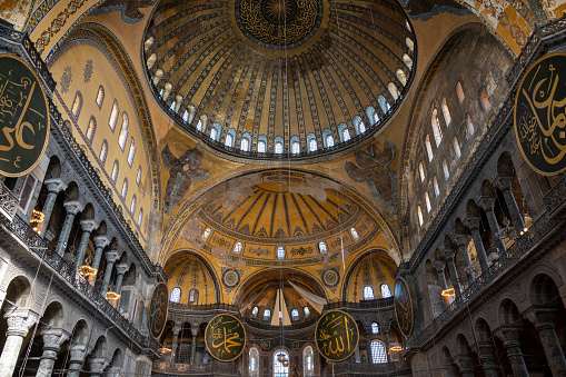 Hagia Sophia Grand Mosque in Istanbul, Türkiye. Built between 532 and 537AD by Roman Emperor Justinian I as the Christian Cathedral of Constantinople.
