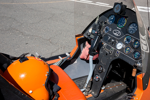 Gran Canaria, Canary islands, Spain - February 17, 2018: Cockpit and control panel of an ultralight aircraft at the El Berriel aerodrome on the south coast of the island