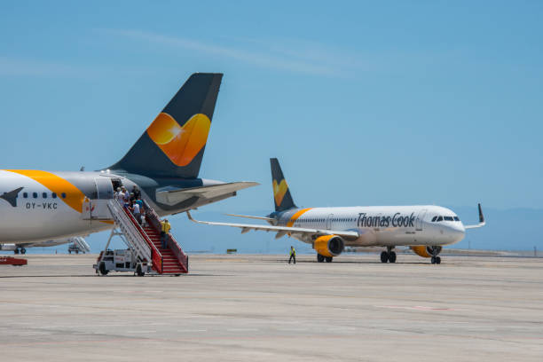 Santander airport, Spain - 26 April, 2025: Detail of the tail of a Ryanair airplane