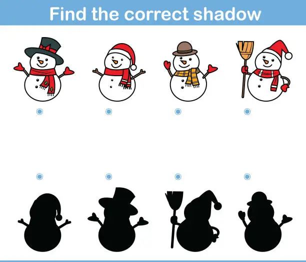 Vector illustration of Educational game for children. Find the right shadow. Kids activity with cute snowman