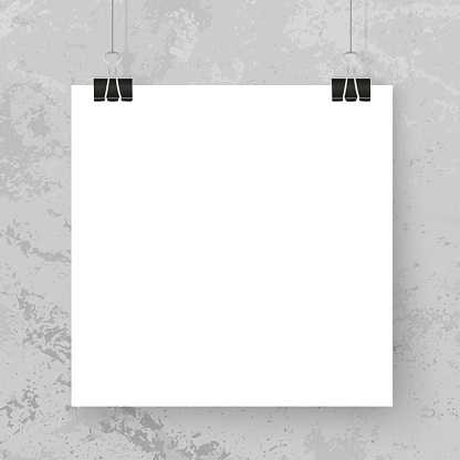 Poster on binder clips. Paper mockup on grey grunge wall. Modern empty template for your design. Vector mock up for picture, painting, drawing, quotes poster or photo.