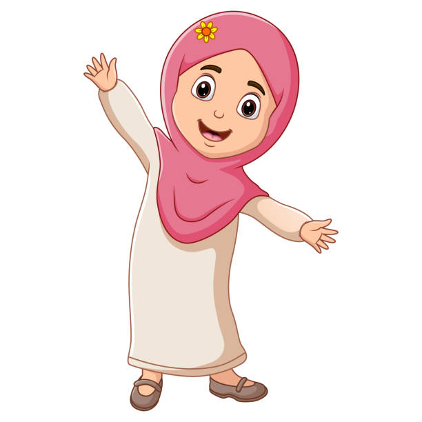 Happy Islamic girl isolated on white background Happy Islamic girl isolated on white background cartoon of muslim costume stock illustrations