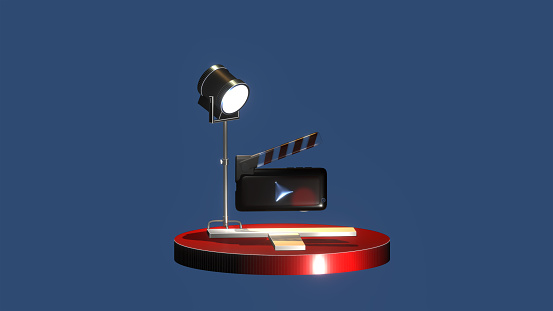 Movie clapper and lighting in studio.Concept for film industry.3d rendering