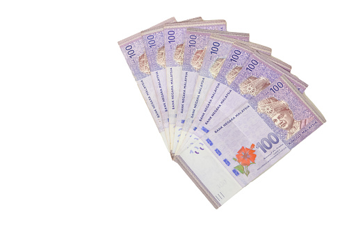 Set of Thai Baht currency bills fully isolated against white (with path).  Alternative file shown below: