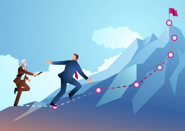 Older businessman passing the baton to younger businessman to continue running up the mountain vector art illustration