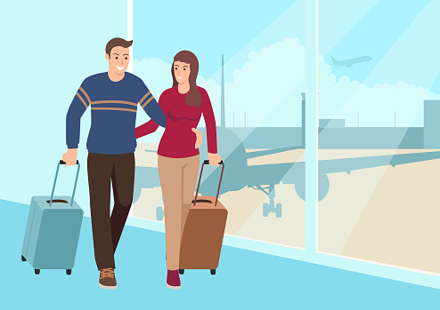 Simple flat cartoon of young couple walking with luggage at the airport, travel, vacation, vector illustration