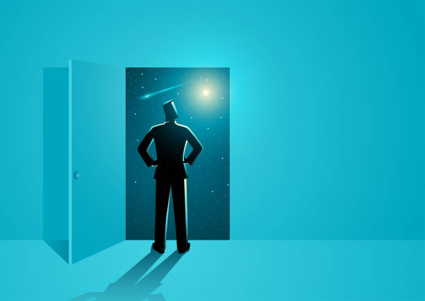 istock Man looking through the open door to see the vastness of outer space 1411645017