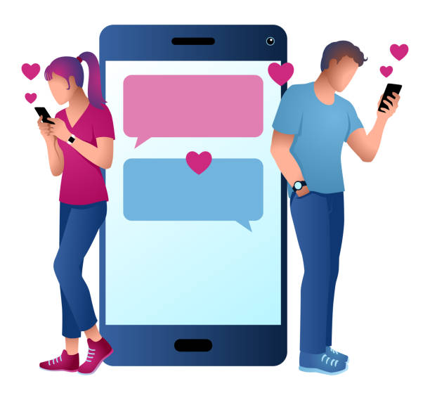 мужчина и женщина общаются с помощью мобильного телефона - интернет знакомства иллюстрации stock illustrations