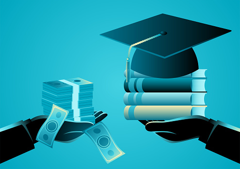Illustration of a hand holding stack of money and hand holding graduation toga hat and books, expensive education, tuition fees