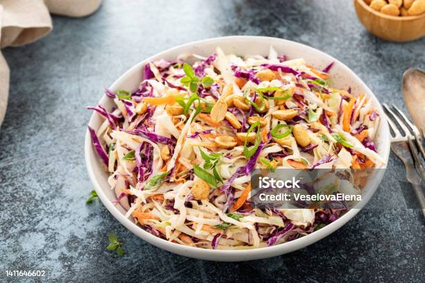 Asian Cabbage Cole Slaw With Peanut Sauce Stock Photo - Download Image Now - Coleslaw, Cabbage, Salad