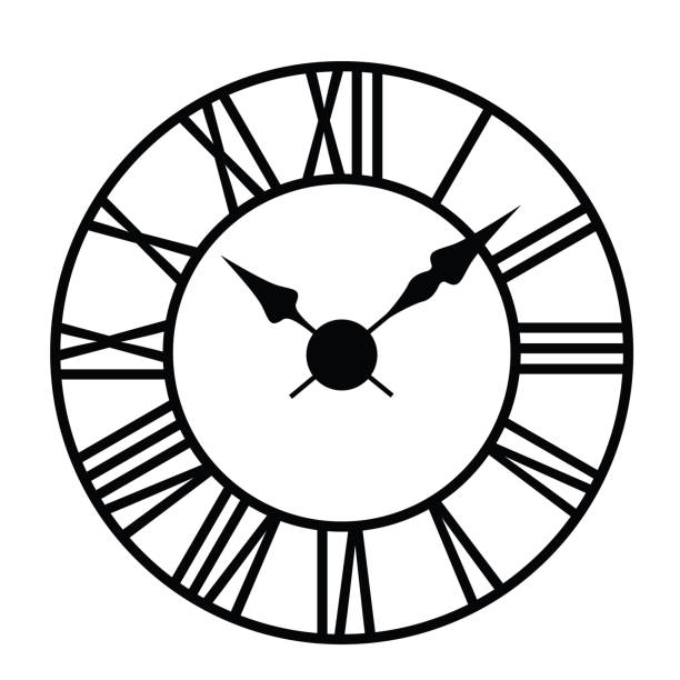 ilustrações de stock, clip art, desenhos animados e ícones de black and white illustration of a wall clock face with roman numerals - vector - hour hand