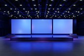 Empty stage Design for mockup and Corporate identity,Display.Platform elements in hall.Blank screen system for Graphic Resources.Scene event led night light staging.3d Background for onlineEvent,conference,live.3 render.