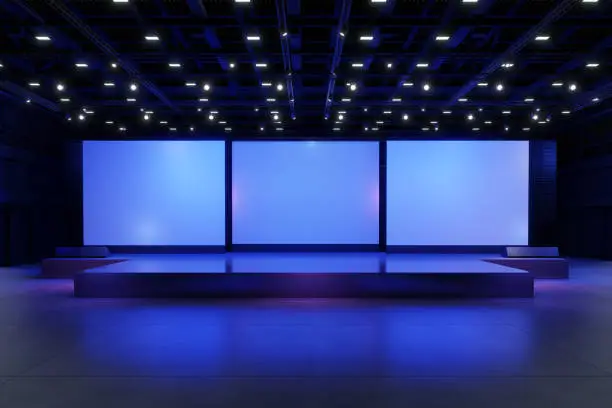 Photo of Empty stage Design for mockup and Corporate identity,Display.Platform elements in hall.Blank screen system for Graphic Resources.Scene event led night light staging.3d Background for onlineEvent,conference,live.3 render.