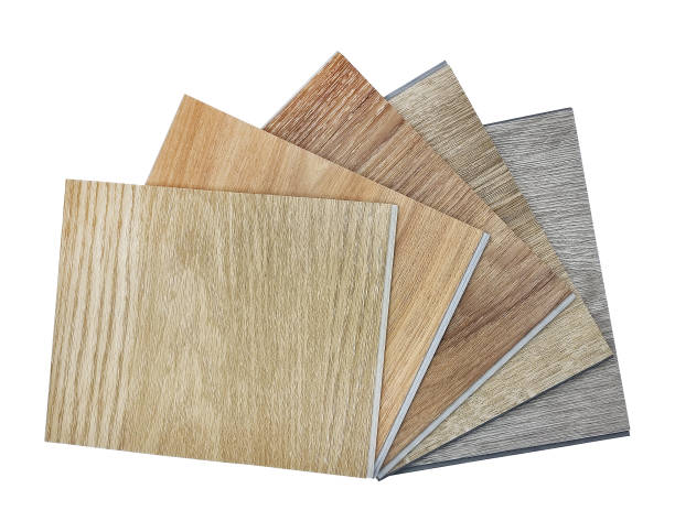 modern vinyl flooring tile collection. stack of samples of vinyl sheet catalog in multi color and texture for customer selection. isolated on background with clipping path.