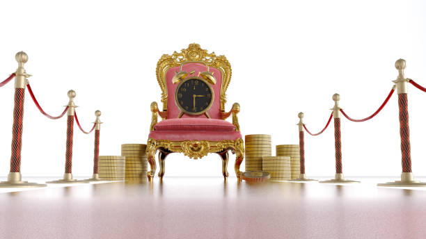 red king throne withe alarm clock and dollar coins isolated on white background, time is money concept, 3D render