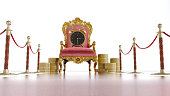 red king throne withe alarm clock and dollar coins isolated on white background, time is money concept,
